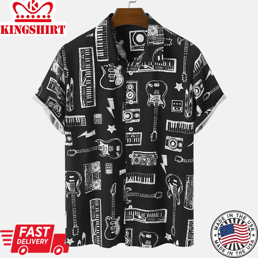 Mens Musical Trendy Hawaiian Shirt, Instrument Print Button Front Short Sleeve Black Shirts