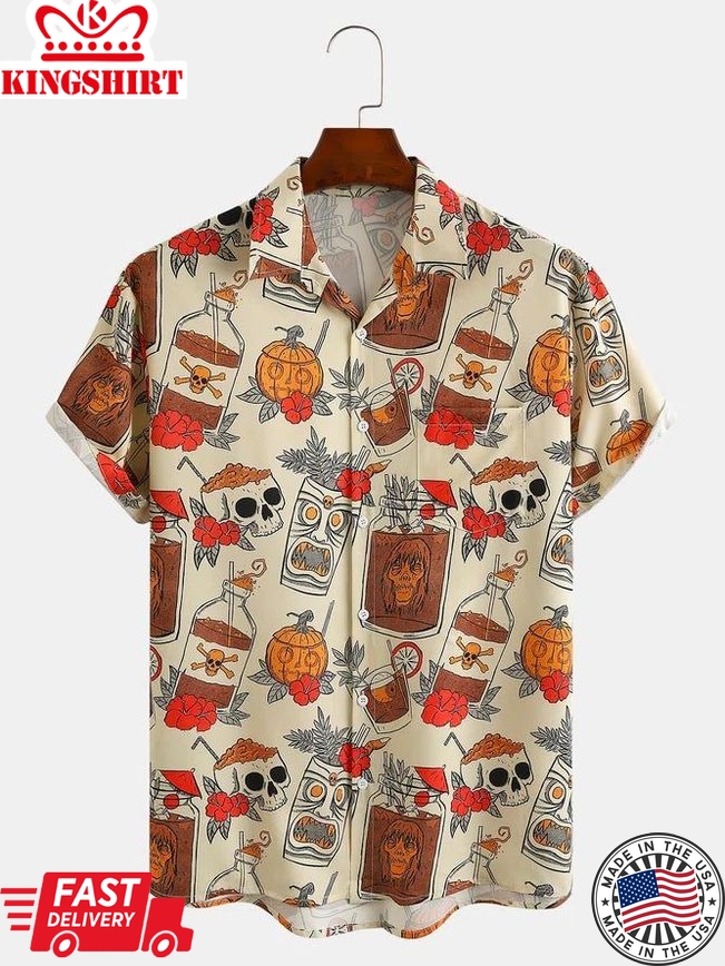 Mens Retro Drink Tiki Skull Print Short Sleeve Shirt Casual Hawaiian Aloha Shirt