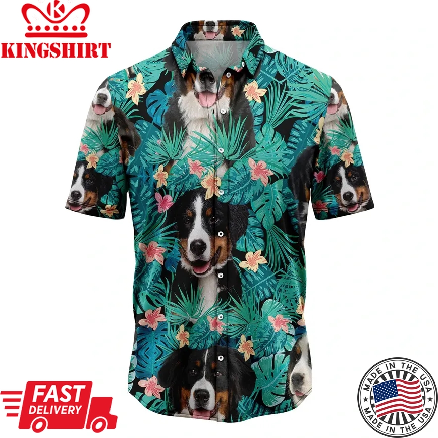 Mens Trendy Hawaiian Shirt, Bernese Mountain Dog Tropical Casual Short Sleeve Button Down Shirts Aloha Shirt