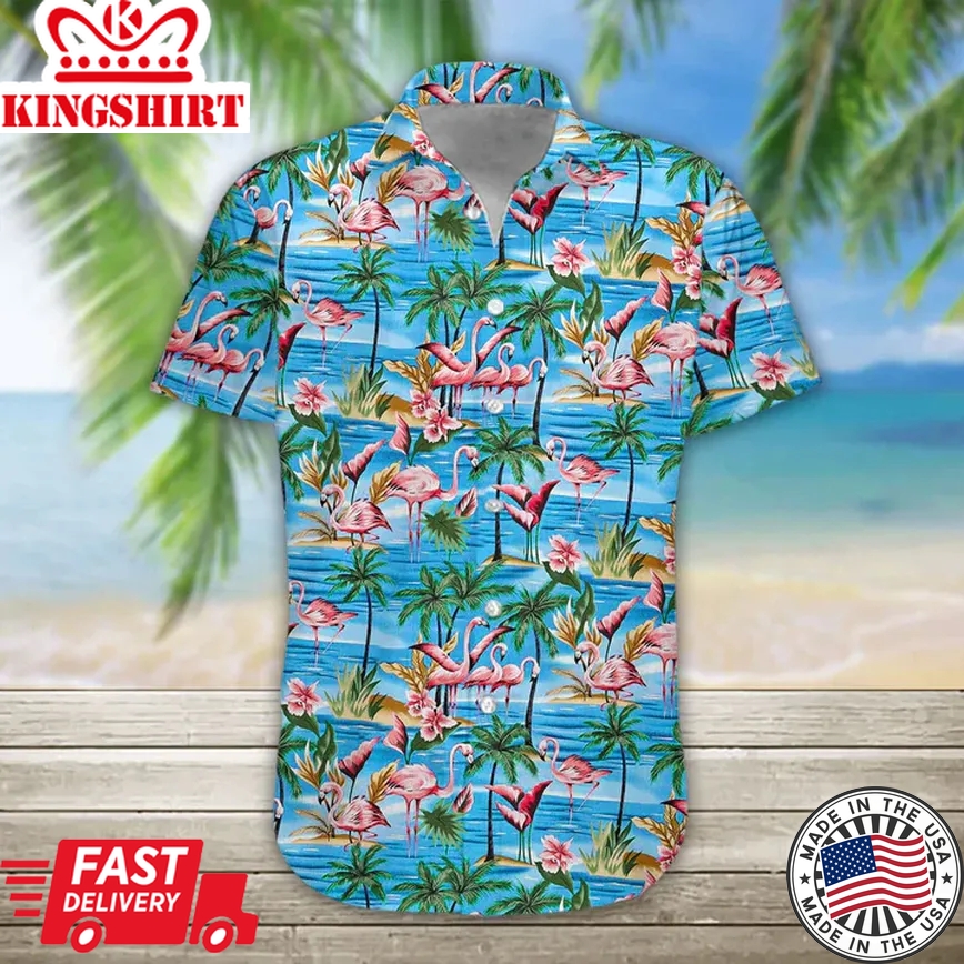 Mens Trendy Hawaiian Shirt Flamingos Casual Short Sleeve Button Down Shirts Aloha Shirt