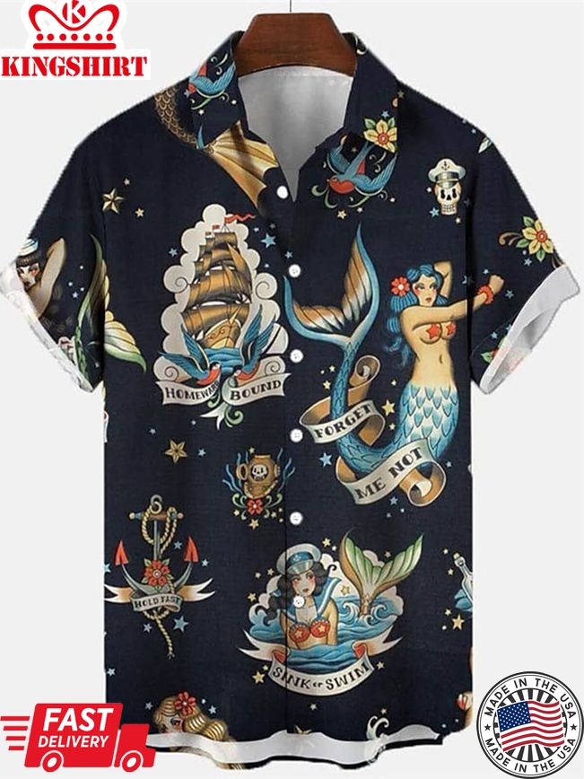 Mermaid Print Men's Lapel Short Sleeve Shirt