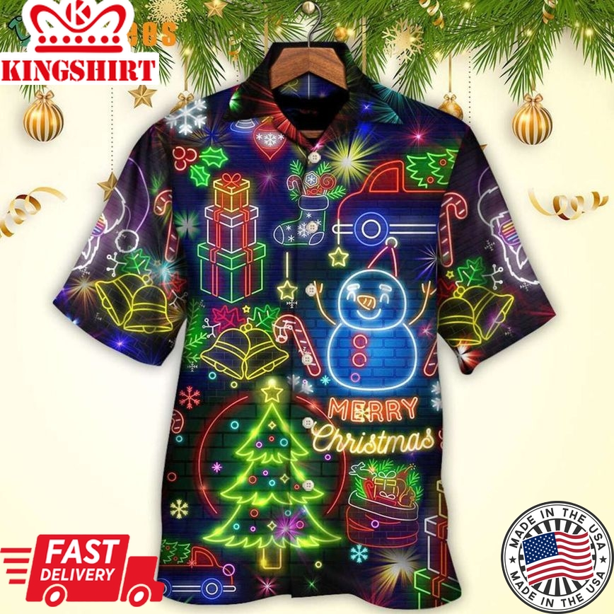 Merry Christmas Bright Neon Lighting, Xmas Trendy Hawaiian Shirt Perfect Gifts For Your Loved Ones