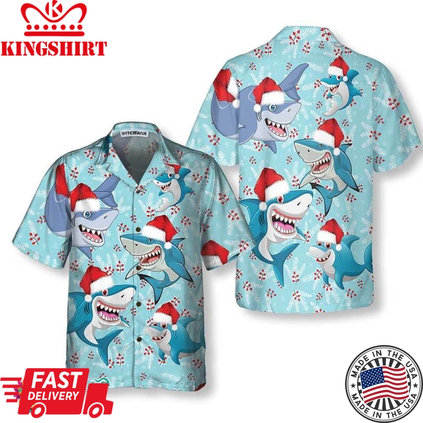 Merry Christmas Shark Santa Hat Christmas Hawaiian Shirt, Funny Shark Hawaiian Shirt For Christmas Day