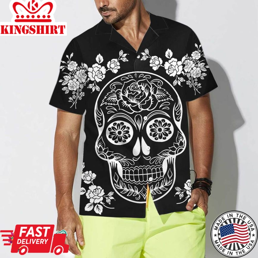 Mexican Sugar Skull Tattoo Hawaiian Shirt, Black And White Day Of The Dead Skull, Unique Day Of The Dead Gift