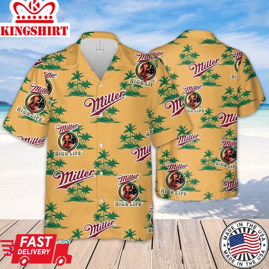 Miller High Life Hawaiian Coconut Island Pattern Hawaiian Beer Lover Shirt, Classic Flowers Beer Aloha Shirt