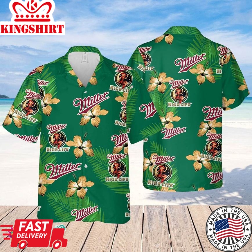 Miller High Life Hawaiian Hibiscus Flower Pattern,Tropical Beach Shirt, Hawaiian Flower Shirt, Hawaiian Beer Shirt