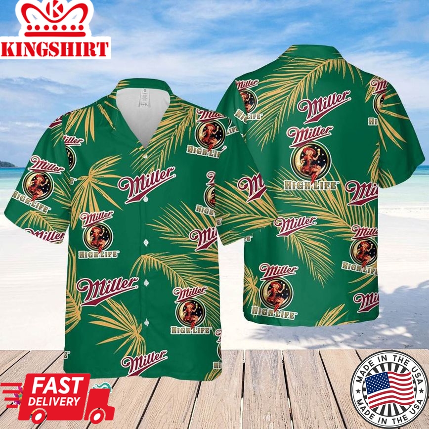 Miller High Life Hawaiian Palm Leaves Pattern Shirt, Beer Summer Party Hawaiian Shirt, Schlitz Beer Shirt