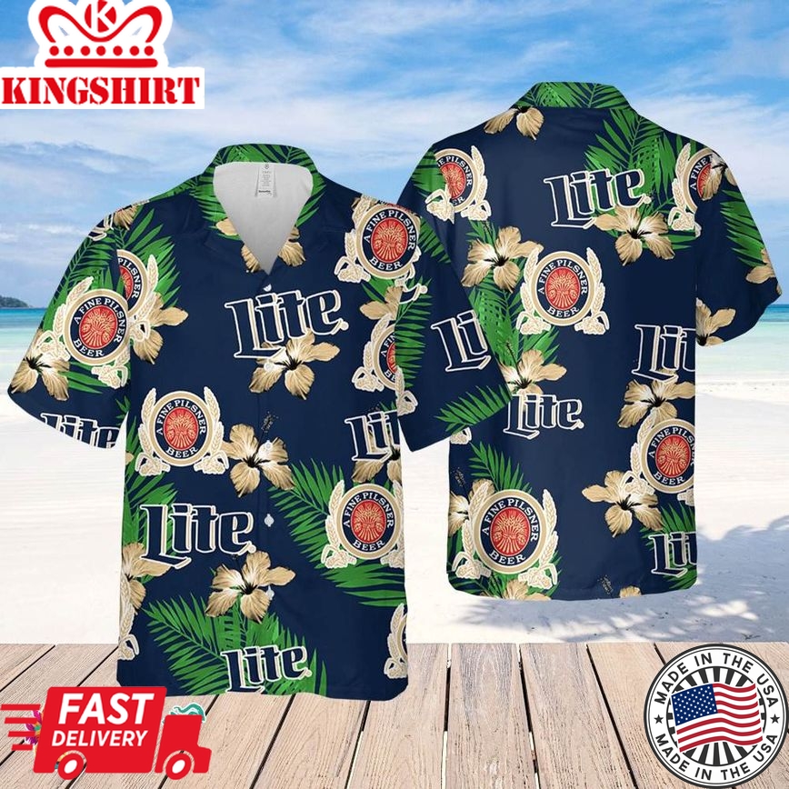 Miller Lite Hawaiian Hibiscus Flower Pattern,Tropical Beach Shirt, Hawaiian Flower Shirt, Hawaiian Beer Shirt