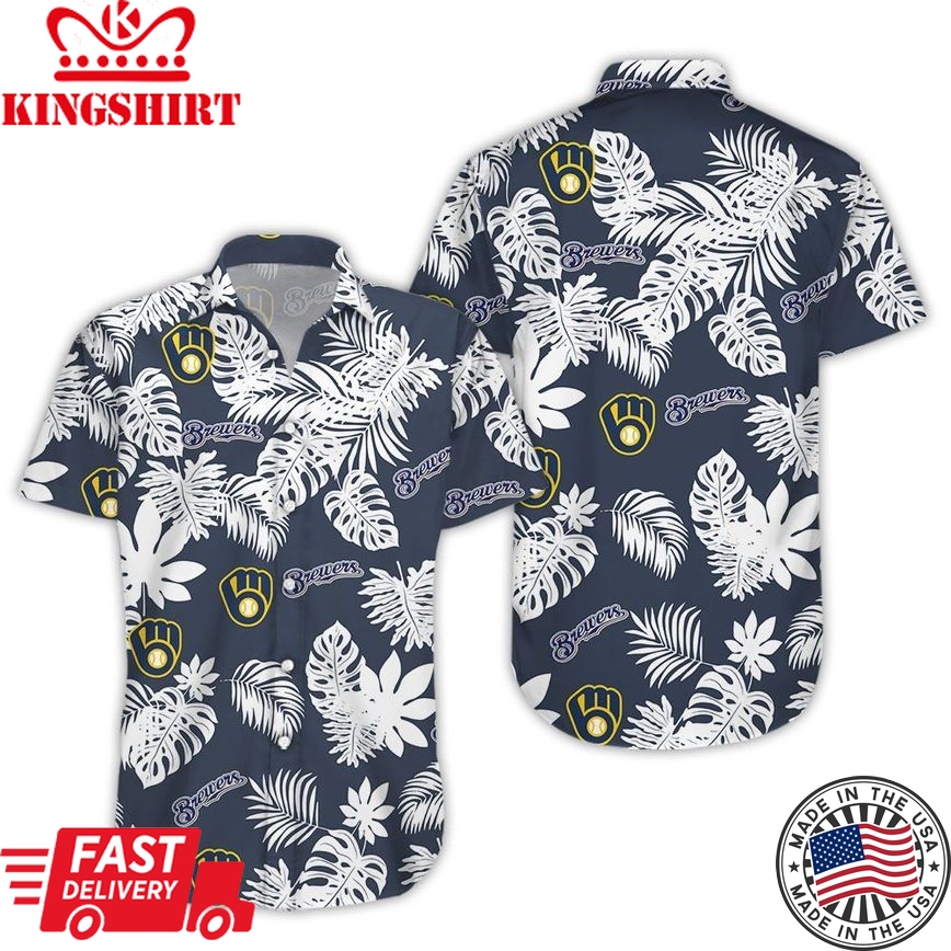 Milwaukee Brewers Hawaiian Shirt Brewers Name Tropical Palm Leaves Black Hawaii Shirt Milwaukee Brewers Aloha Shirt