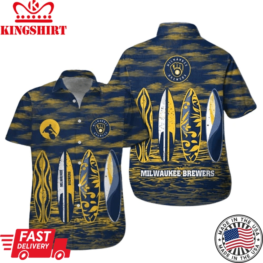 Milwaukee Brewers Trendy Hawaiian Shirt Brewers Name Surfboard Yellow Blue Hawaii Shirt Milwaukee Brewers Aloha Shirt 2022