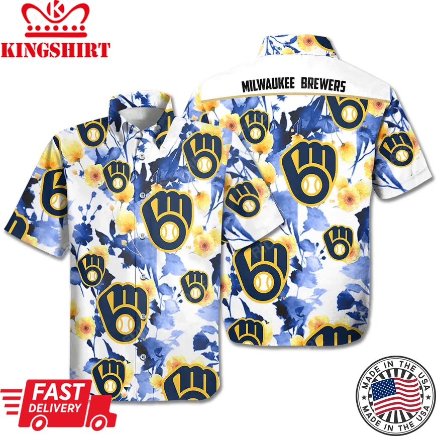 Milwaukee Brewers Trendy Hawaiian Shirt Brewers Symbol Flowers Blue White Hawaii Shirt Milwaukee Brewers Aloha Shirt 2022