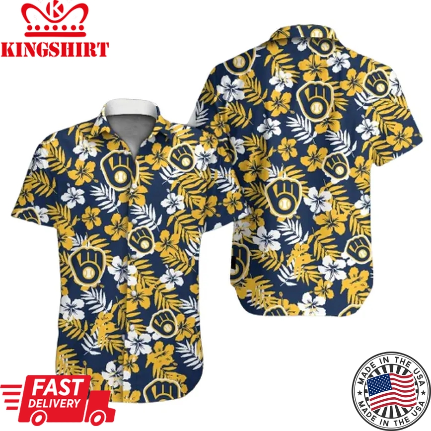 Milwaukee Brewers Trendy Hawaiian Shirt Brewers Symbol Yellow Hibiscus Hawaii Shirt Milwaukee Brewers Aloha Shirt 2022