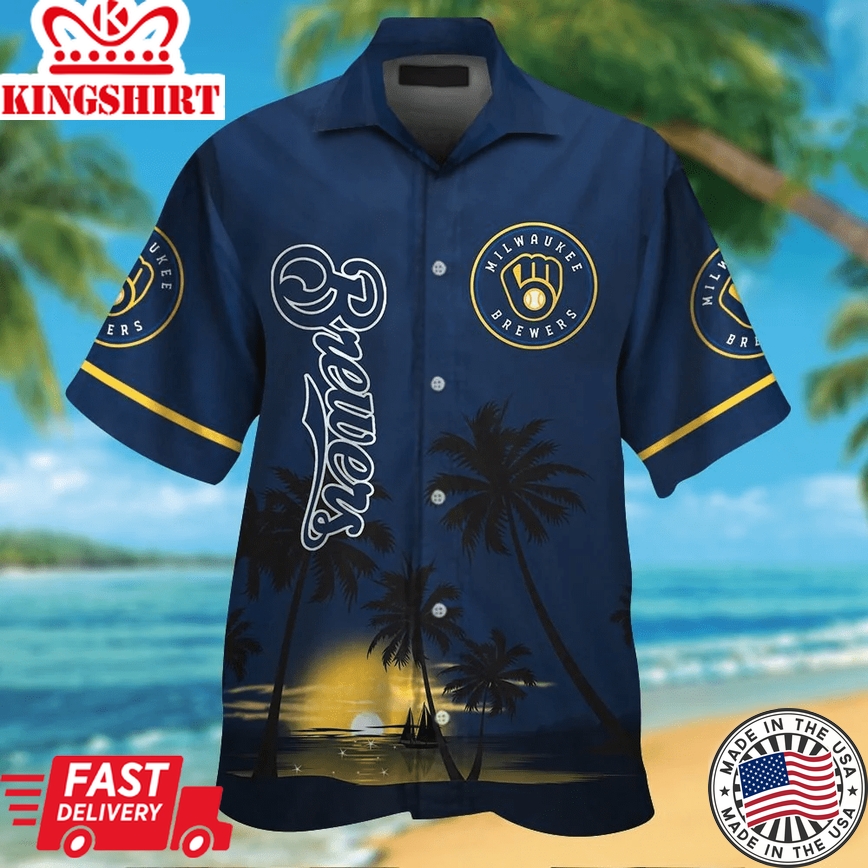 Milwaukee Brewers Trendy Hawaiian Shirt Milwaukee Brewers Tropical Island Sunset Blue Hawaii Shirt Milwaukee Brewers Aloha Shirt 2022