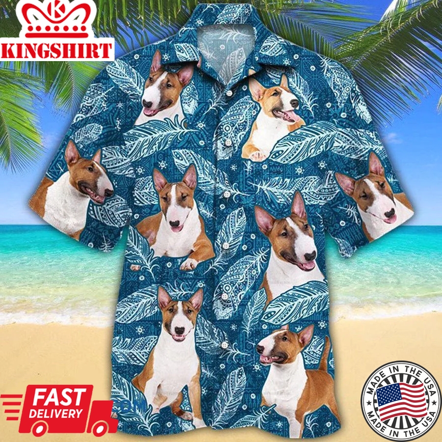 Miniature Bull Terrier Dog Lovers Blue Feather Hawaii Trendy Hawaiian Shirt