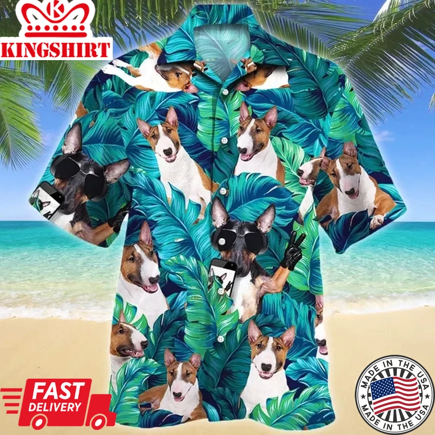 Miniature Bull Terrier Dog Summer Beach Palm Tree Trendy Hawaiian Shirt, Summer Aloha Hawaii Shirt