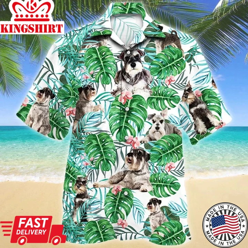 Miniature Schnauzer Dog Tropical Plant Montera Leaves Pattern Trendy Hawaiian Shirt