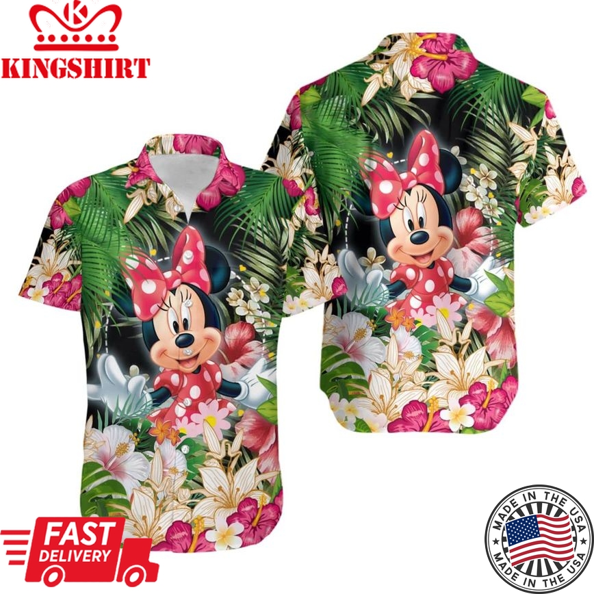 Minnie Mouse Pink Floral Pattern Disney Hawaiian Button Down Shirt Vacation Cartoon Graphic Outfits Men Women Youth Kids