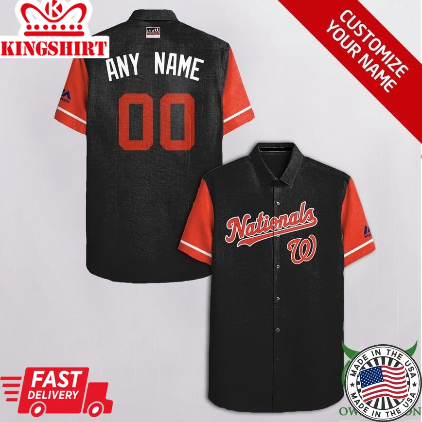 Mlb Washington Nationals Custom Name Number Black With Orange Sleeves Trendy Hawaiian Shirt Aloha Shirt