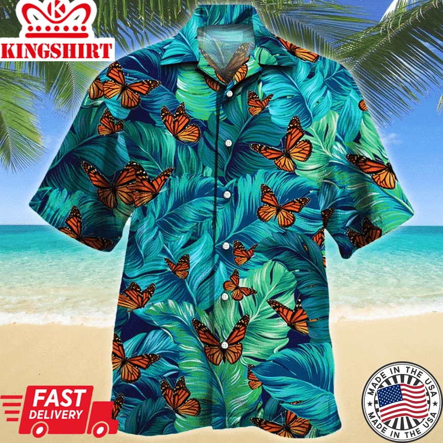 Monarch Butterfly Lovers Gift Summer Beach Palm Tree Pattern Trendy Hawaiian Shirt