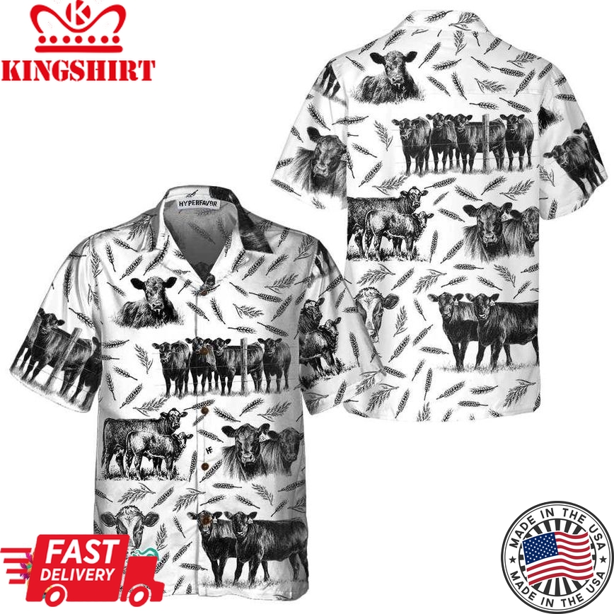 Monochrome Black Angus And Wheat Pattern Cow Hawaiian Shirt, Funny Hawaiian Shirt With Cows