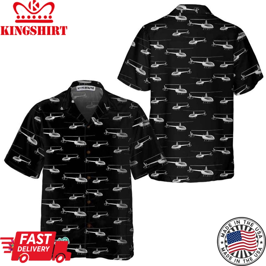 Monochrome Seamless Helicopter Pattern Hawaiian Shirt, Black And White Helicopter Shirt For Men