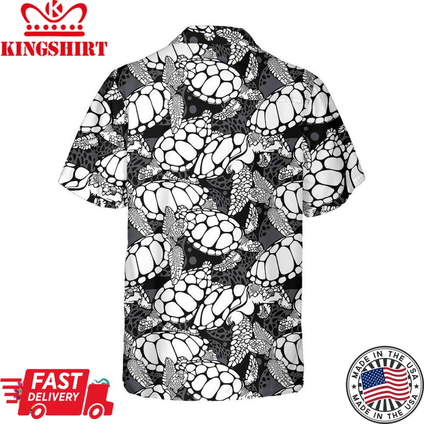 Monogram Sea Turtle Pattern Hawaiian Shirt, Black And White Turtle Seamless Pattern Shirt, Cool Turtle Shirt