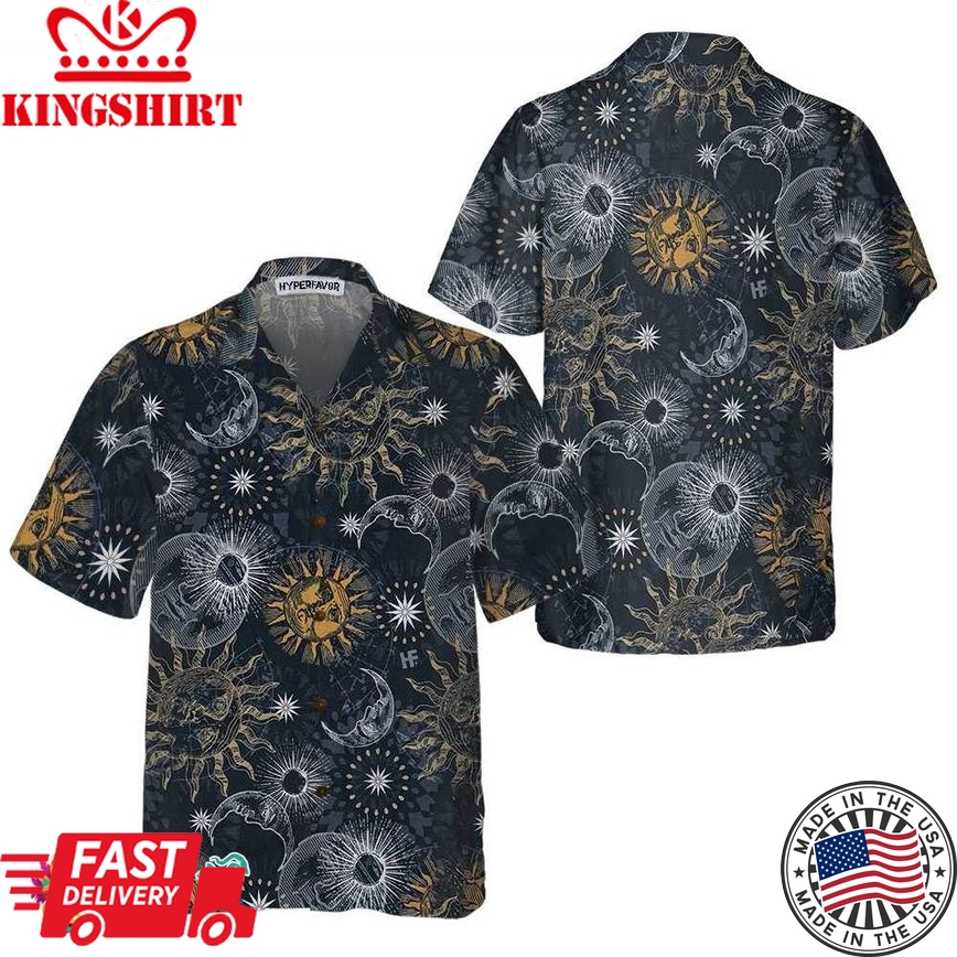 Moon And Sun Hawaiian Shirt, Space Themed Shirt, Planet Button Up Shirt For Adults