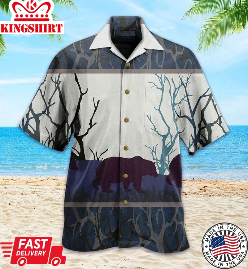 Moonlight Bear Stroll Black Trendy Hawaiian Shirt 3D, Bear Lover Trendy Hawaiian Shirt For Summer Gifts