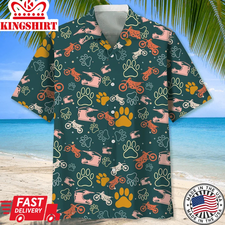 Motocross And Dog Trendy Hawaiian Shirt, Short Sleeve Summer Vacation Beach Shirts For Men