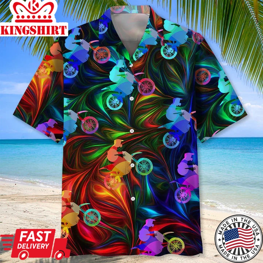 Motocross Color Trendy Hawaiian Shirt, Short Sleeve Summer Vacation Beach Shirts For Men