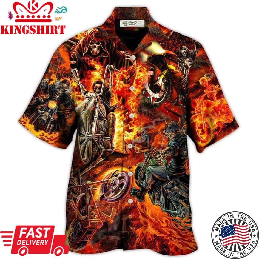 Motorcycle Lover Skull Fire Burning Art Style Hawaiian Shirt