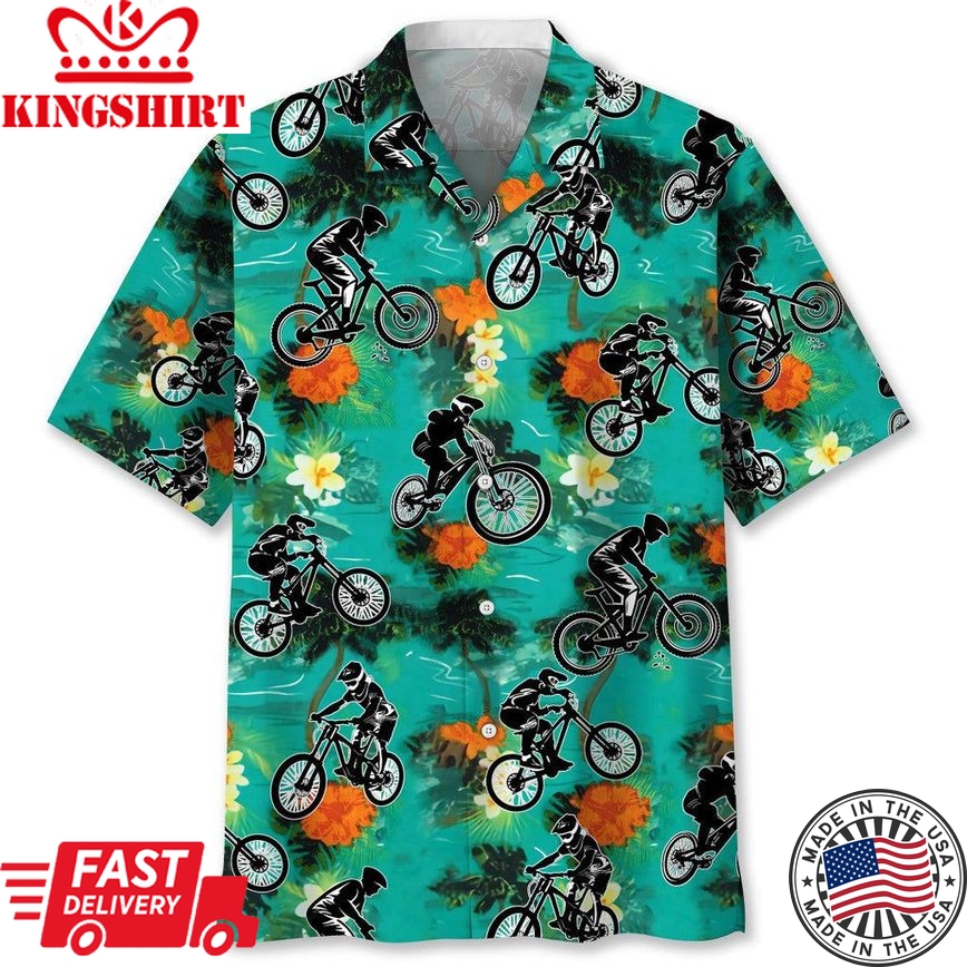 Mountain Bike Green Tropical Trendy Hawaiian Shirt