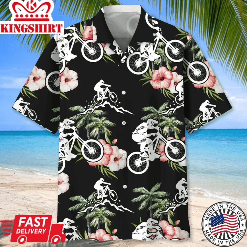 Mountain Bike Nature Flower Trendy Hawaiian Shirt, Men's Trendy Hawaiian Shirt Tropical Aloha Shirts Short Sleeve Beach Holiday Casual Shirts