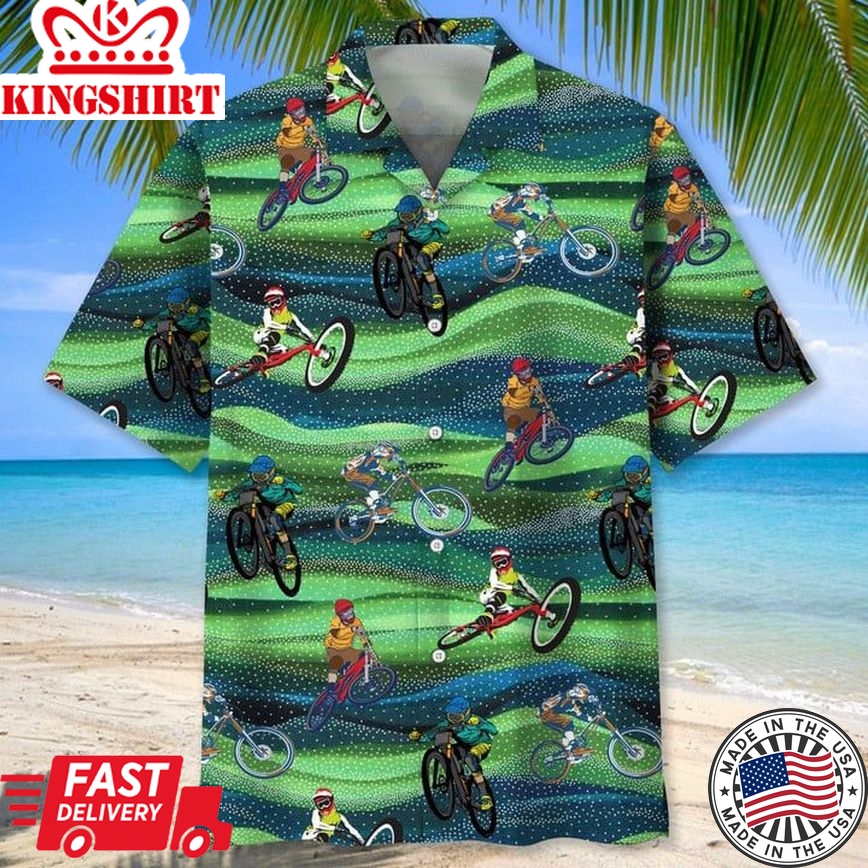 Mountain Bike Seamless Pattern Trendy Hawaiian Shirt, Men's Unisex Summer Beach Casual Short Sleeve Summer Vacation Beach Shirts