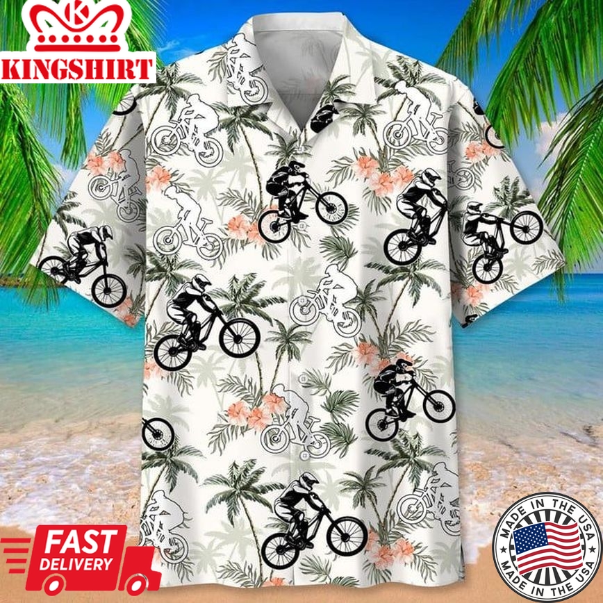 Mountain Bike Tropical Tree Trendy Hawaiian Shirt, Men's Unisex Summer Beach Casual Short Sleeve Summer Vacation Beach Shirts