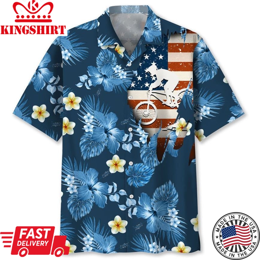 Mountain Bike Usa Blue Tropical Trendy Hawaiian Shirt