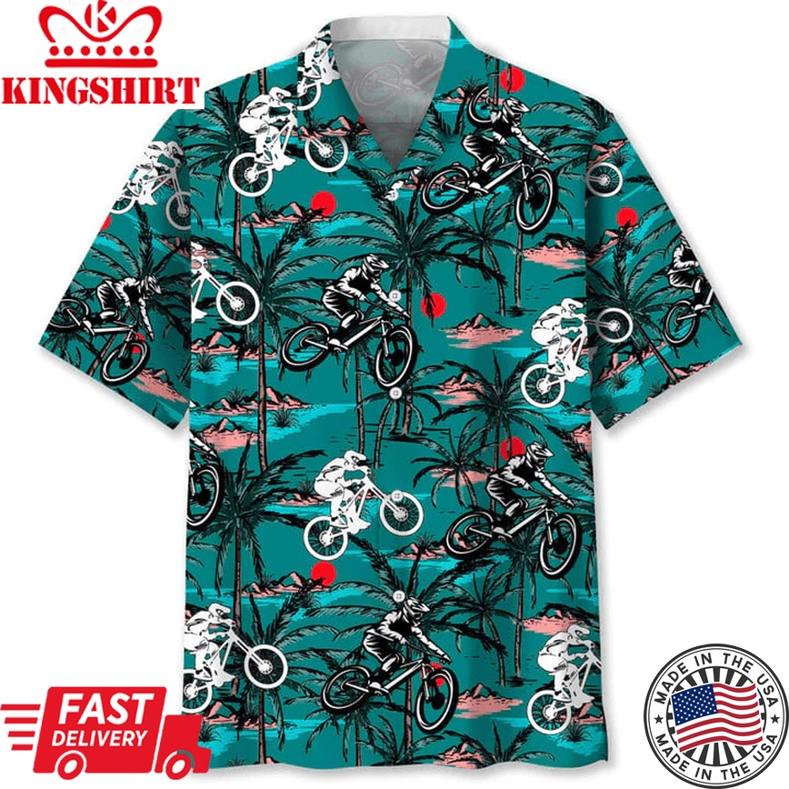 Mountain Bike Vintage Trendy Hawaiian Shirt, Short Sleeve Summer Vacation Beach Shirts For Men