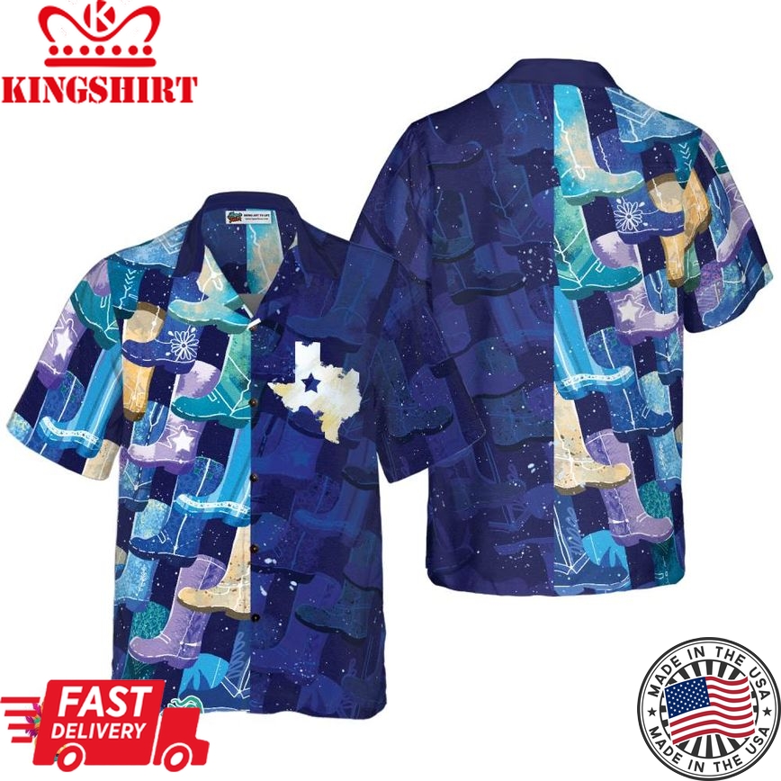 Multicolor Cowboy Boots Texas Hawaiian Shirt For Men, Lone Star Flag Hawaiian Shirt, Blue Shirt For Texans