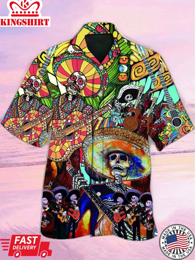 Multicolor Skeleton Guitar Print Short Sleeve Hawaiian Shirt