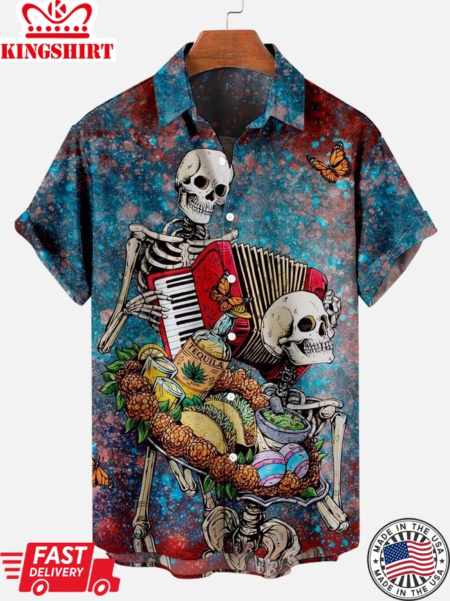 Musical Skeleton Soiree: Hawaiian Shirt with Skull Music Pattern Celebration