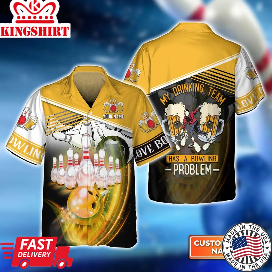 My Drinking Team Yellow Bowling Ball Crashing Into Pins Trendy Hawaiian Shirt, Bowling Trendy Hawaiian Shirt For Men, Women, Bowling Team