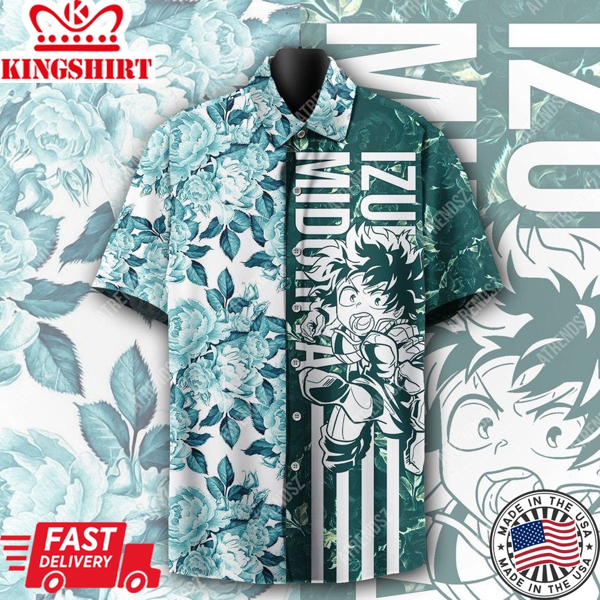 My Hero Academia Hawaiian Shirt Midoriya Izuku Floral Blue Green Hawaii Aloha Shirt