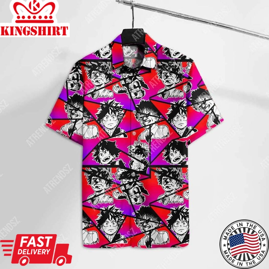 My Hero Academia Trendy Hawaiian Shirt Midoriya Izuku Faces Pink Red Hawaii Aloha Shirt 2022