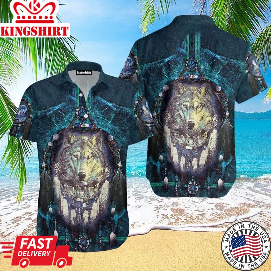 Native American Blue Wolf Head Trendy Hawaiian Shirt For