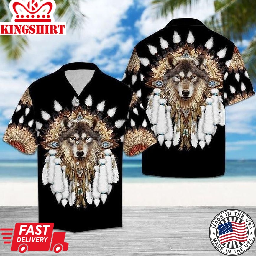 Native American Wolf Trendy Hawaiian Shirt, Wolf Dream Catcher Shirt, Trendy Hawaiian Shirt Men