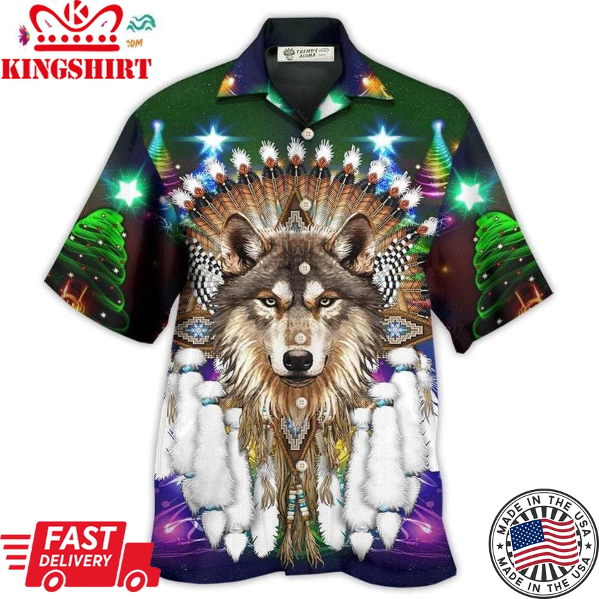 Native Wolf And Merry Christmas Cool Hawaiian Shirt