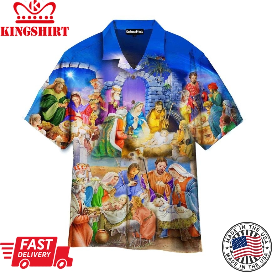 Nativity Christmas Birth Of Jesus Blue Aloha Hawaiian Shirts For Men And Women