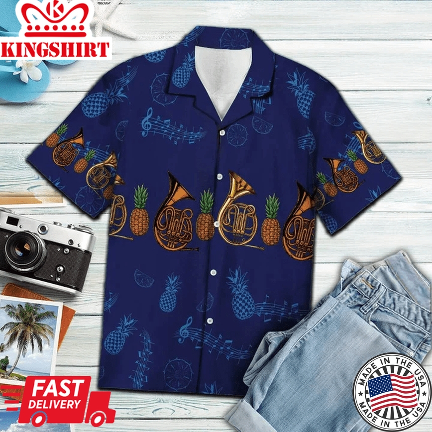 Navy Themed French Horn Musical Instrument Trendy Hawaiian Shirt