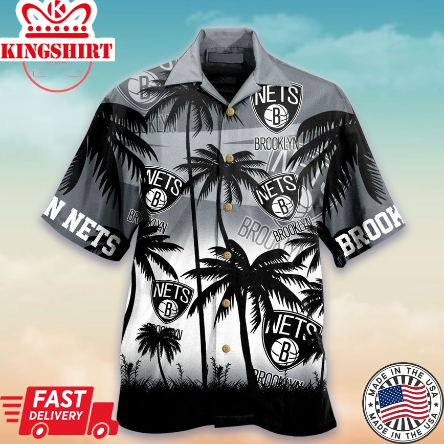 Nba Brooklyn Nets Black Gray Palm Trees Trendy Hawaiian Shirt Aloha Shirt