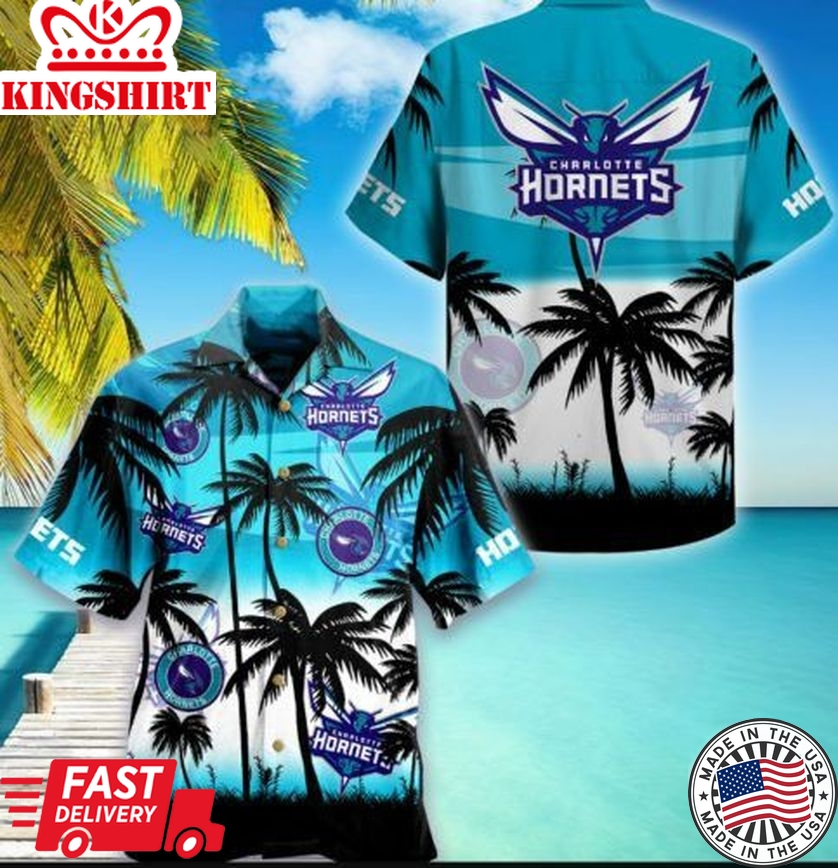 Nba Charlotte Hornets Black Teal Palm Trees Beach Trendy Hawaiian Shirt Aloha Shirt